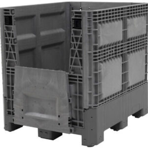48" by 40" by 46" bulk container with 2 drop doors on its width, designed with 9 feet or 5 plastic runners.