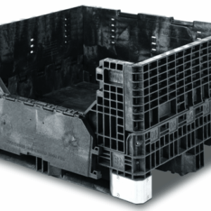 48" by 40" by 25" bulk container with two drop doors on its length, ideal for the automotive and industrial manufacturing industries.