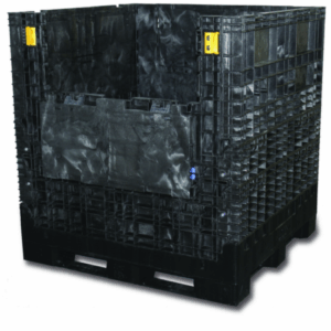 48" by 45" by 51" bulk container designed with two drop doors on its length, ideal for automotive and industrial manufacturing industries.